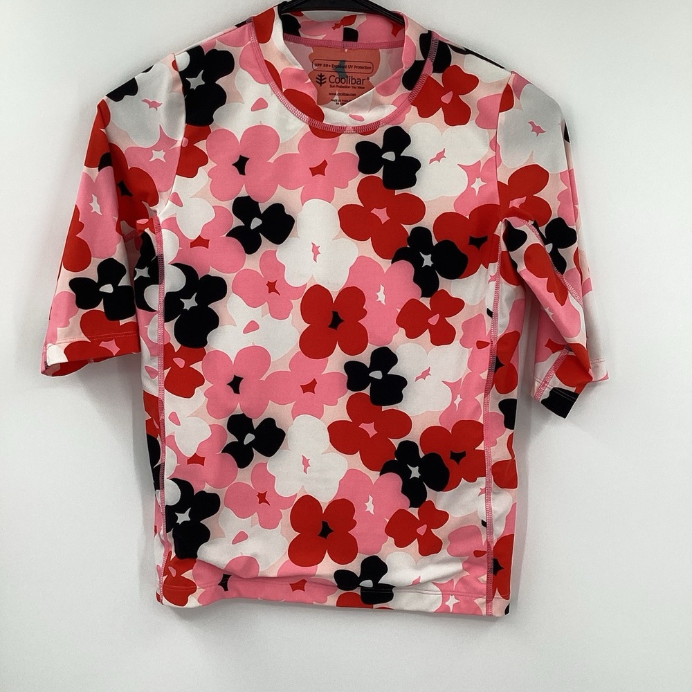 Coolibar Girls Large Colorful Floral Rash‎ Guard Short Sleeve Swimwear Stretch